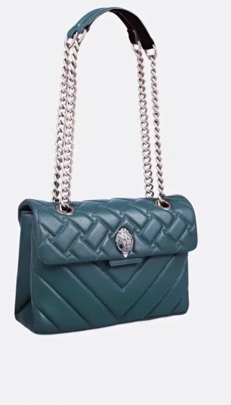 Kurt Geiger Mini Kensington Green Quilted Flap Crossbody Bag Silver Chain Strap